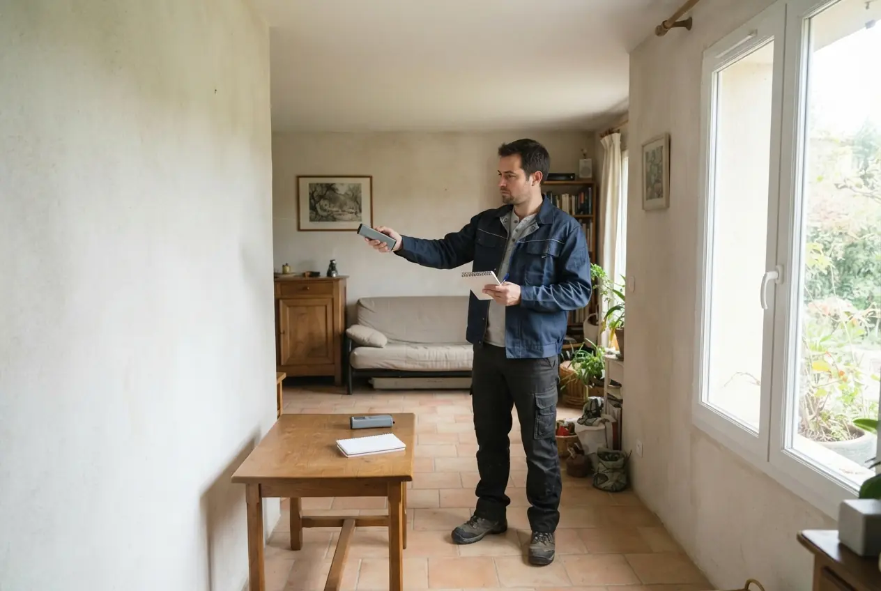 Technicien réalisant un bilan thermique dans une maison à Orgon