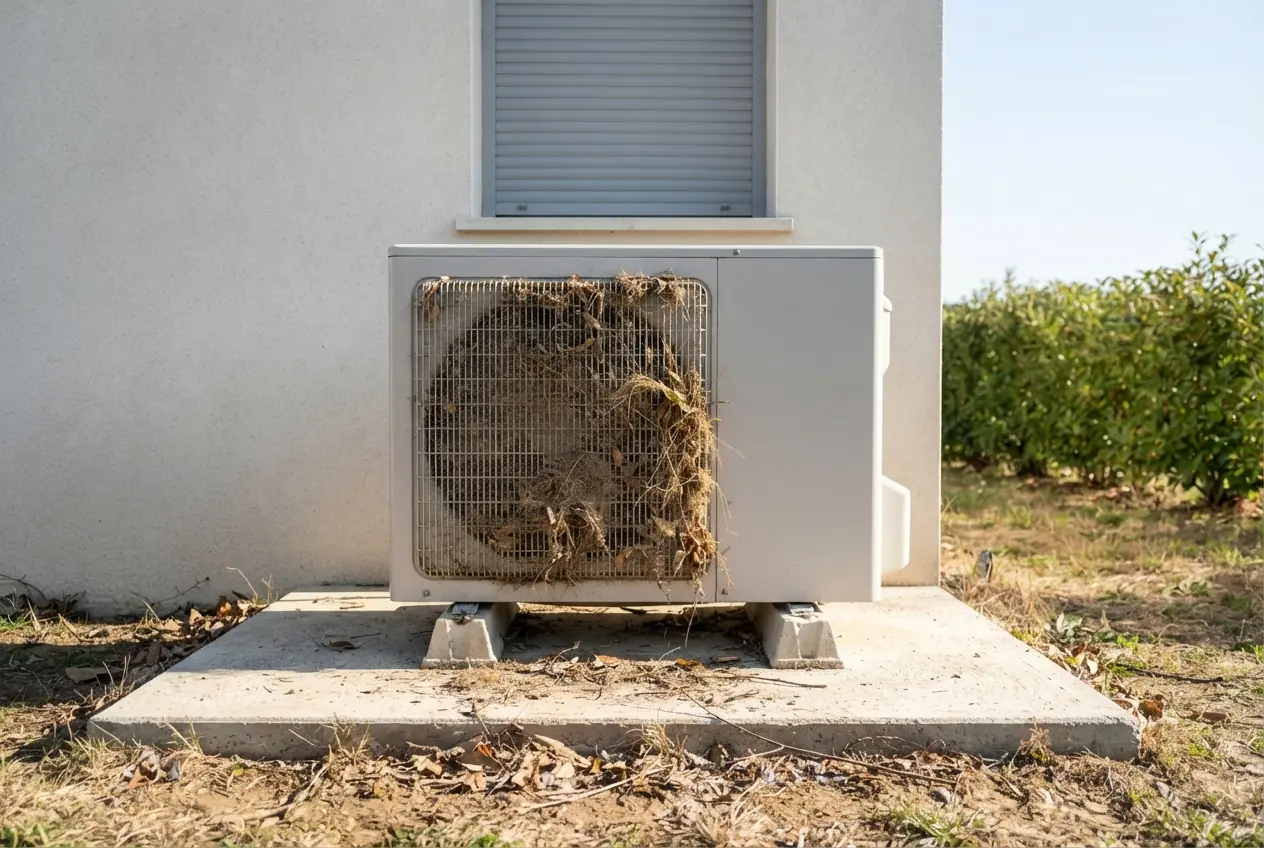 Unité extérieure de climatisation encrassée avant entretien au Thor