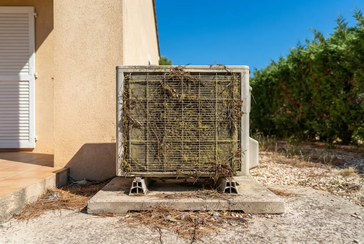Condenseur de climatisation encrassé par la végétation aux Taillades