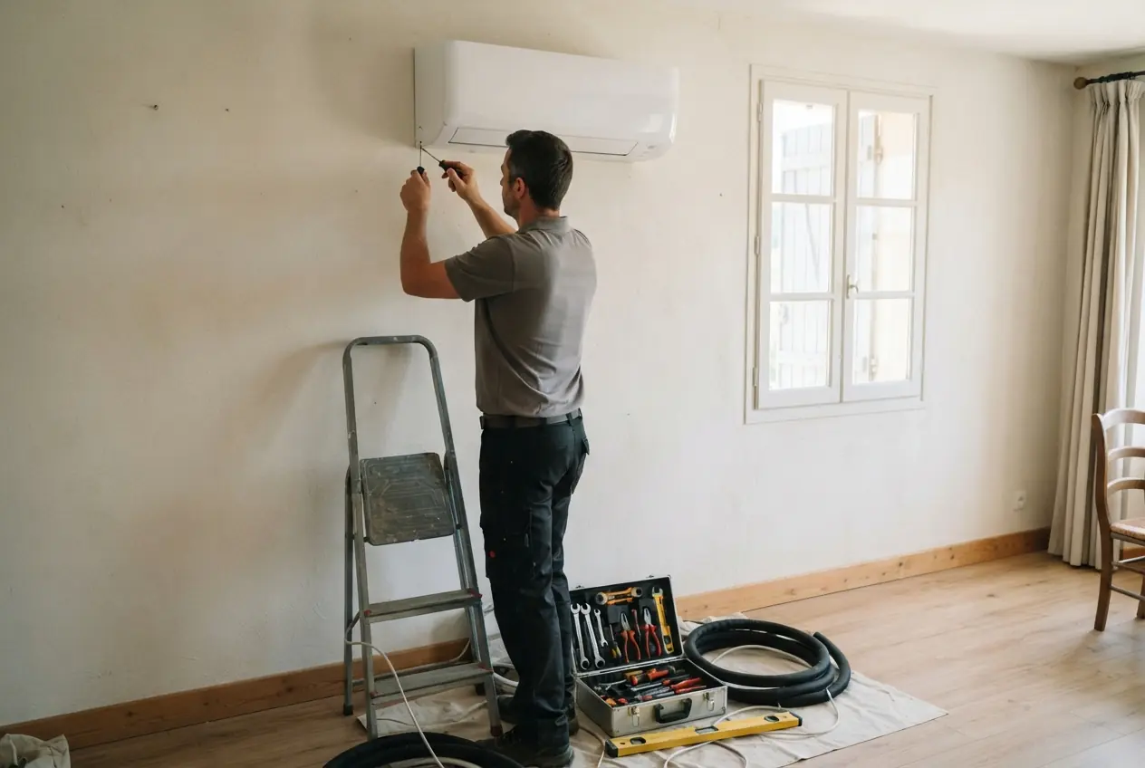 Technicien posant une unité murale de climatisation à Cavaillon
