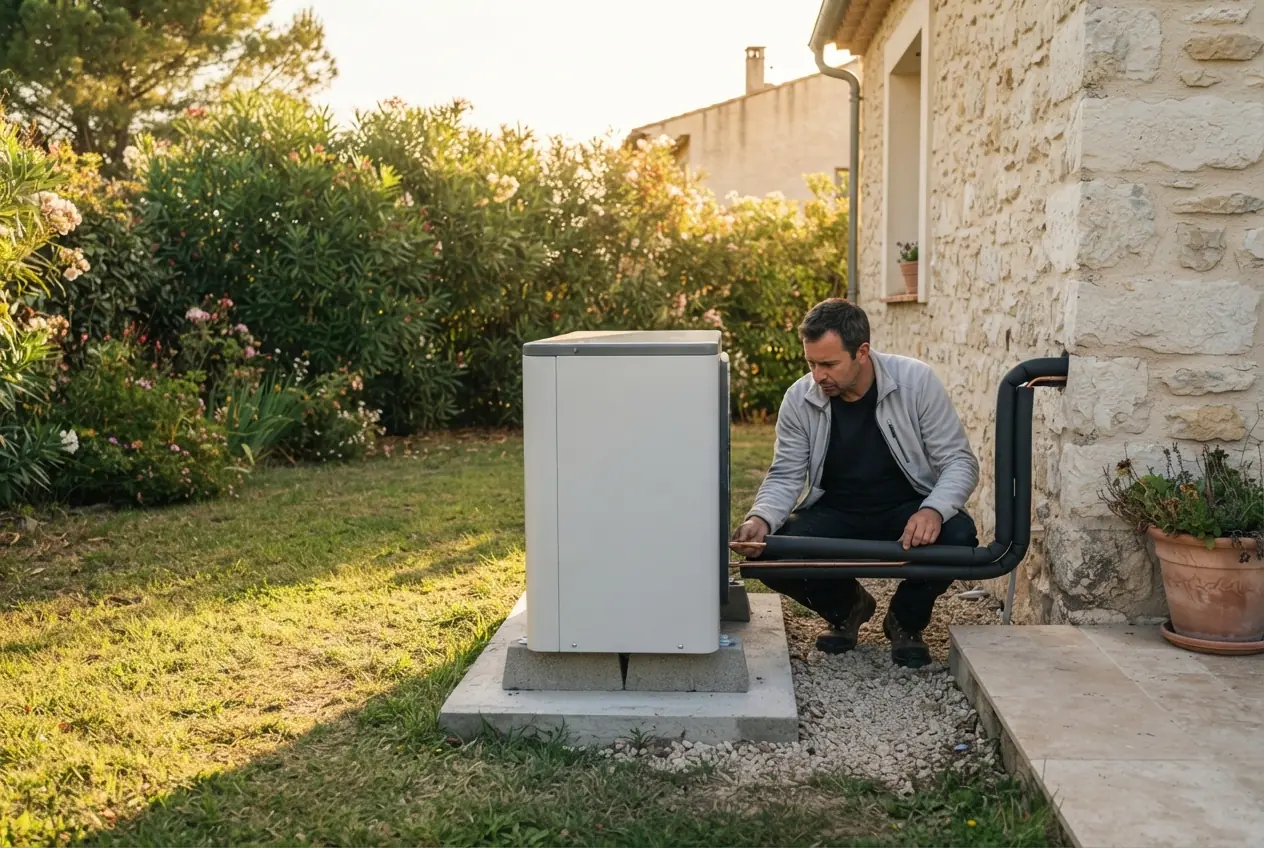 Pompe à chaleur air-eau installée dans un jardin à Cavaillon